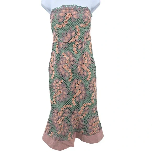 Foxiedox S Strapless Floral Lace Midi Dress Green Pink Scalloped Wedding Guest - Picture 2 of 7